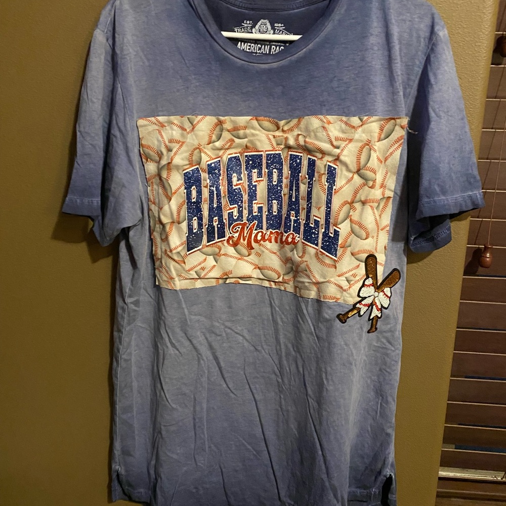 Hand designed women’s short sleeve shirt, baseball themed, size large
